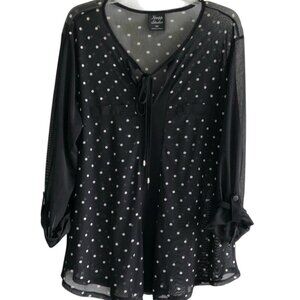 Knapp Studio Sheer Top Polka Dot Roll Tab Sleeve XL Black 76P